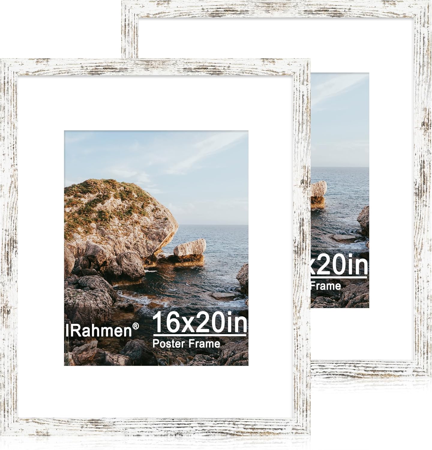 16x20 Picture Frame Set of 2 with Plexiglass, Distressed White Poster Frame Display 11x14 Picture with Mat or 16 x 20 Without Mat for Photo Wall Mounting Distressed-White 16X20