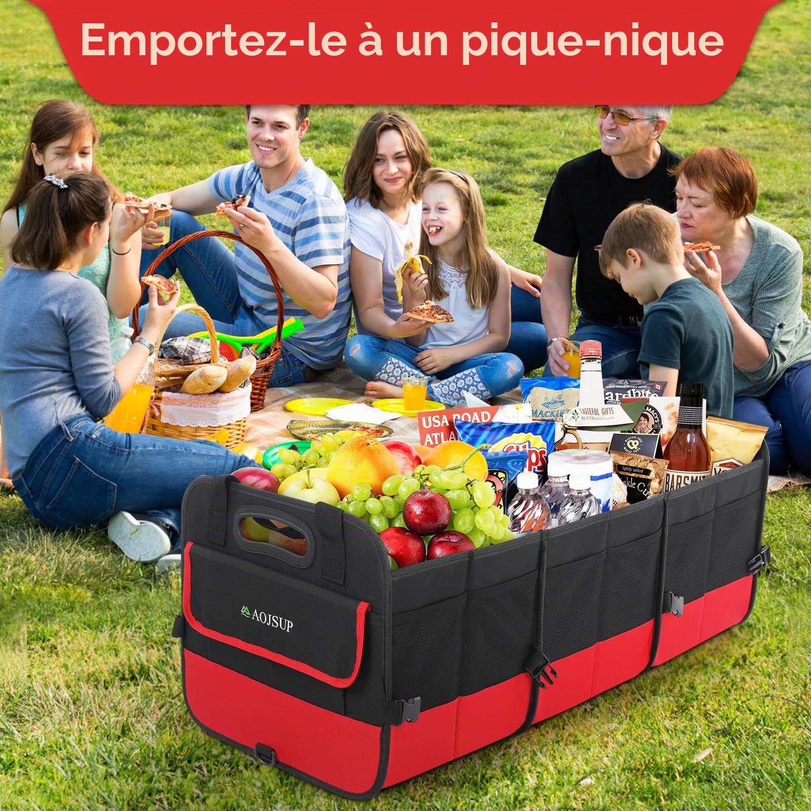 XXL Rangement Coffre, Multi-compartiments Organisateur De Coffre, Tissu Oxford 1680D, Pliable, Rouge