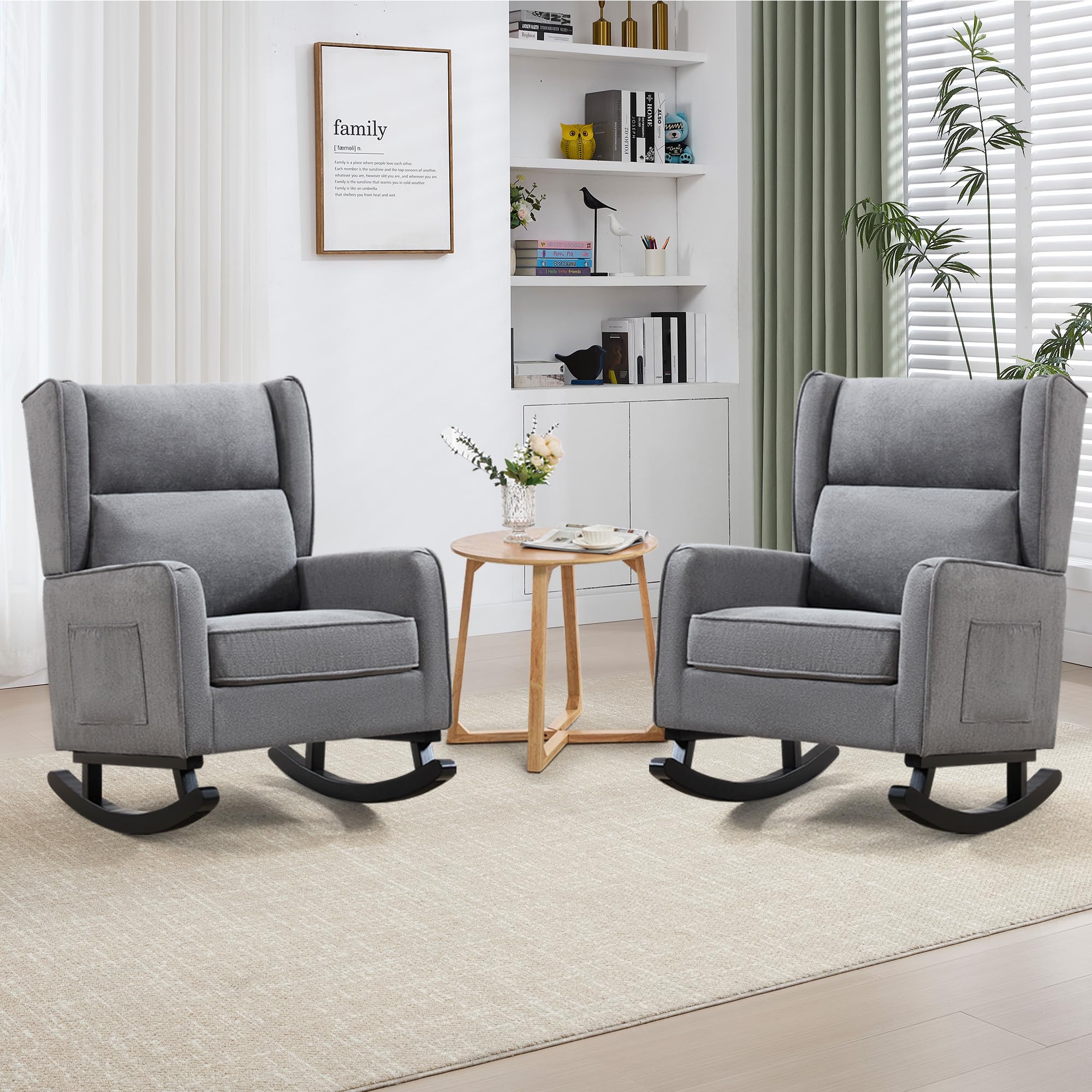 HCHAIRH Nursery Rocking Chairs, Rocking Chair Nursery for Mom Rocker Nursery with High Backrest and Solid Wood Legs, Modern Wingback Accent Chair Set of 2 for Reading Living Room Bedroom, Dark Grey