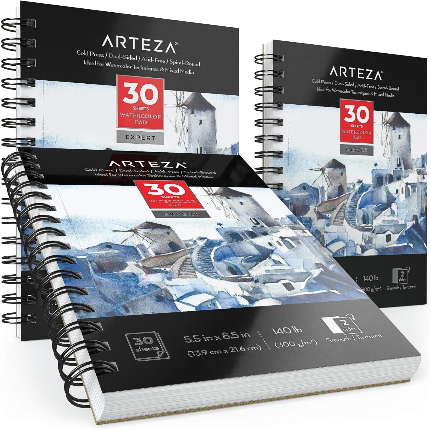 Bloc pour aquarelle ARTEZA Expert, papier pressé à froid sans acide, 5.5 x 8.5 pouces, reliure spirale, 140lb/300gsm, 30 feuilles, paquet de 3