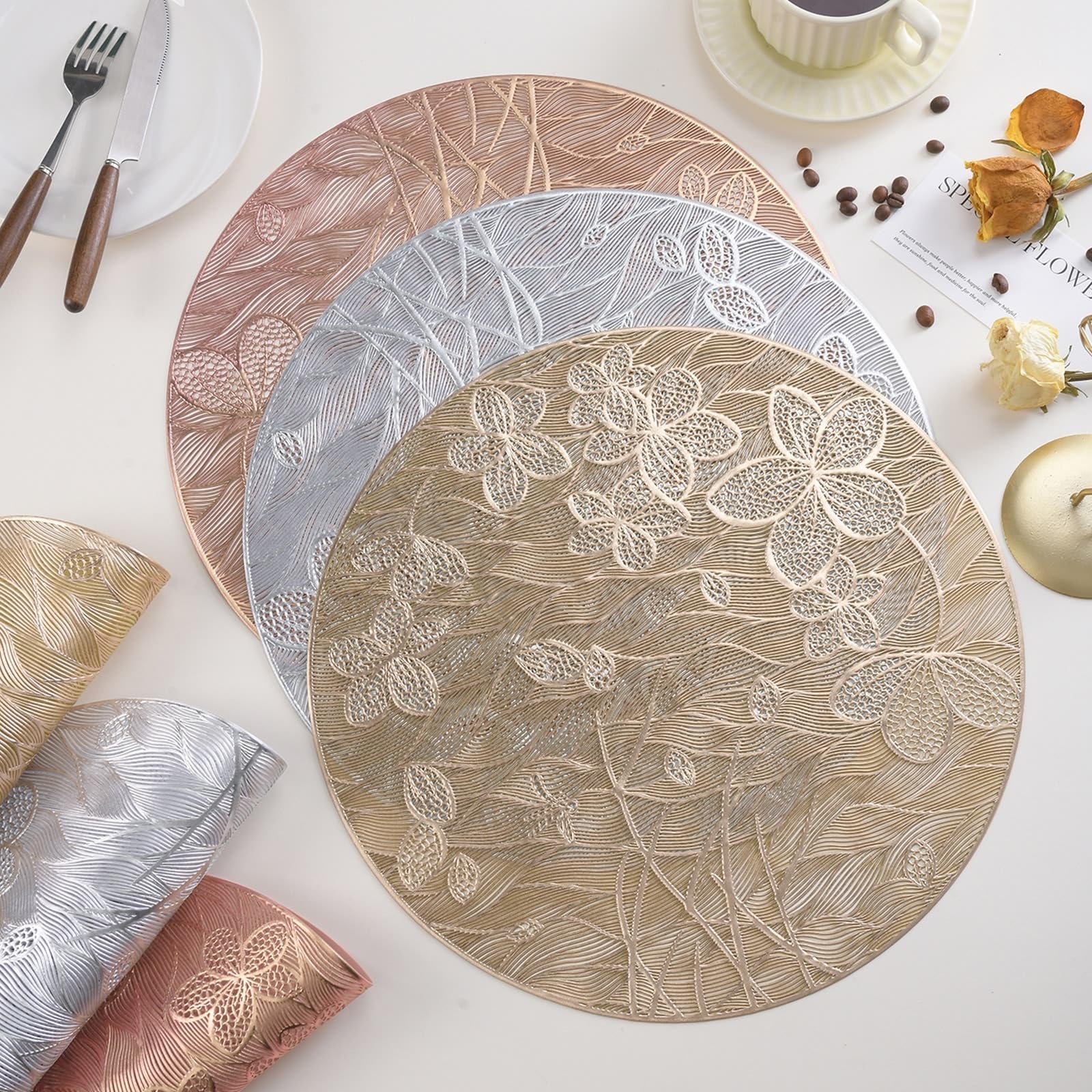 Lot de 10 sets de table en PVC doré textile - Creux - Motif fleurs et feuilles - Lavables - Pour la cuisine, la maison, le restaurant - 38 cm