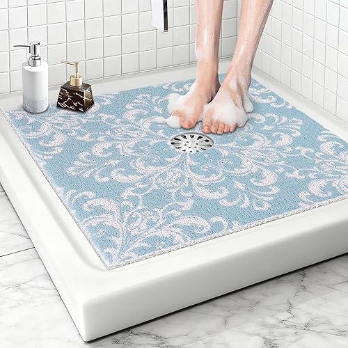 Miniatura 8 de Tapete de ducha cuadrado antideslizante 24 x 24 pulgadas, extra grande, con orificio de drenaje en el medio, tapetes de ducha antideslizantes para