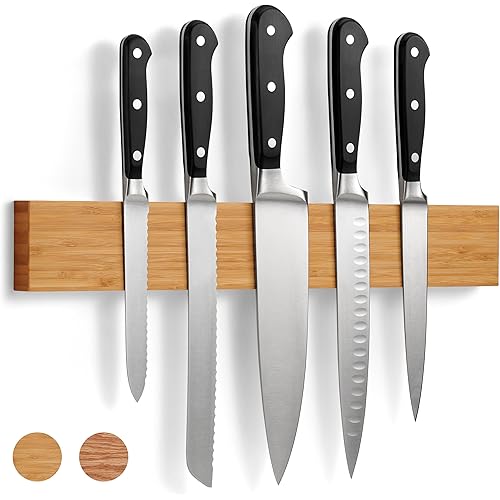 LARHN Magnetic Knife Holder for Wall, 16″ - Powerful Knife Magnetic Strip for Knives, Utensils and Tools - Not Compatible with Refrigerators - 100% Solid Bamboo