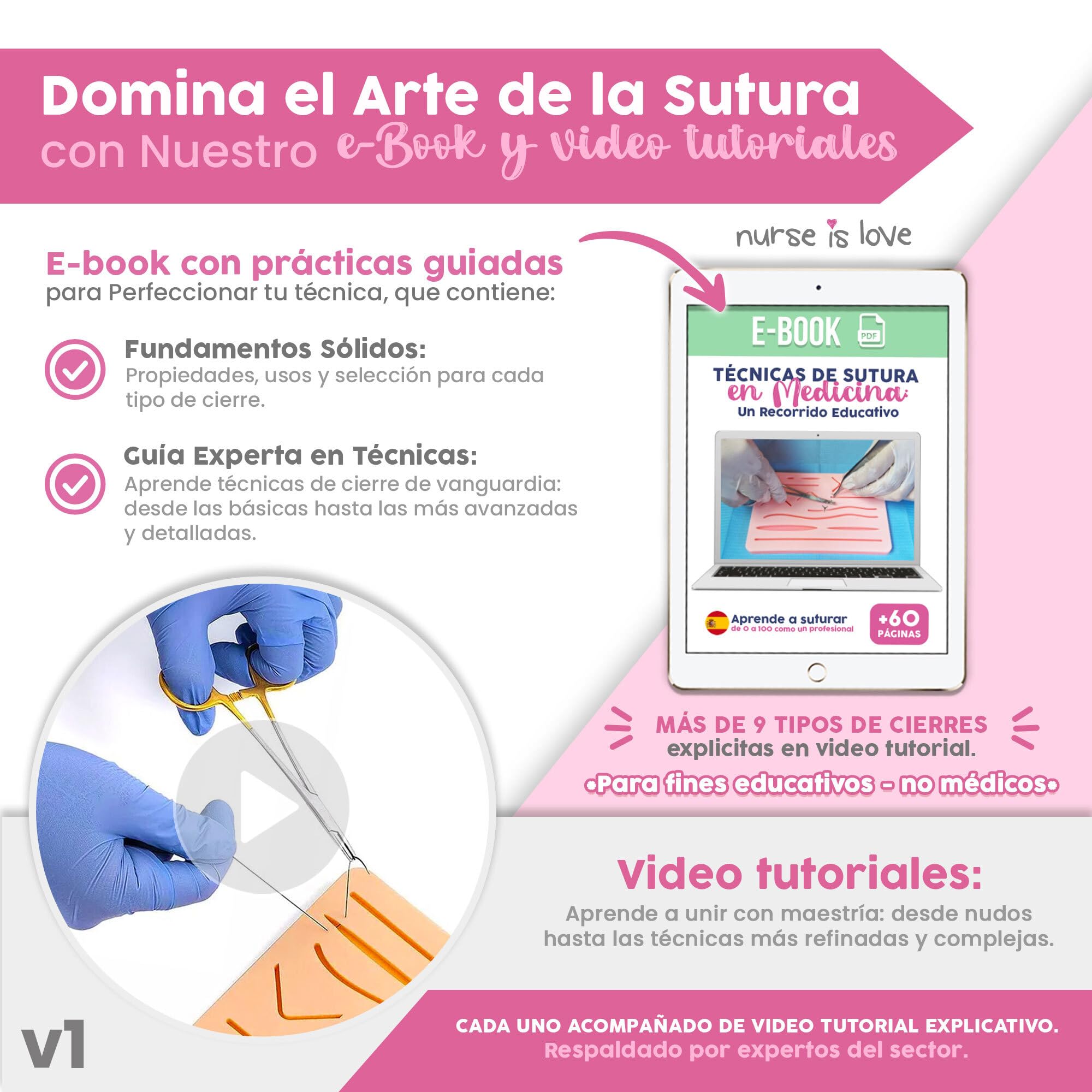 Nurse is Love Kit de Sutura para Practicar (30 piezas) con Estuche | Uso Educativo Ideal para, Estudiantes Medicina & Veterinaria + eBook + Video Curso HD | Regalo para Enfermera