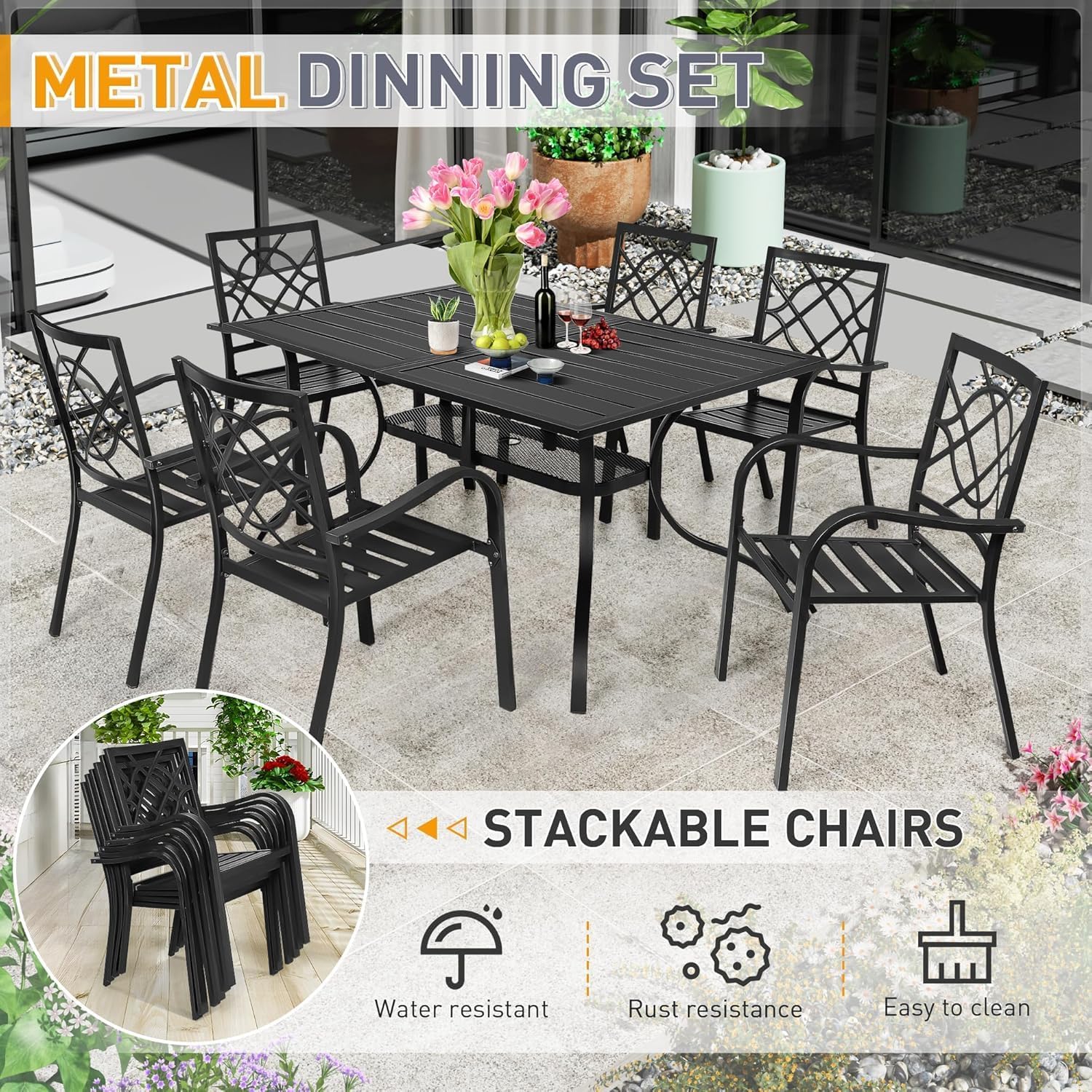 7 Piece Outdoor Patio Dining Set with Umbrella, Patio Metal Furniture Set Outdoor Rectangular Dining Table with 9 FT Patio Umbrella & Stackable Backyard Garden Chairs