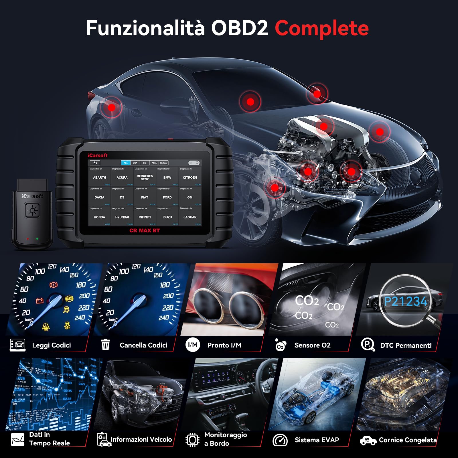 iCarsoft CR MAX BT OBD2 Auto Diagnostica, Diagnosi Auto Professionale in Italiano per Tutti i Sistemi, 49 Funzioni di Reset + 46 Servizi Aggiuntivi, 40000+ Test Bidirezionale, VIN automatico, CANFD