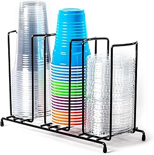 Wire Frame Cup and Lid Organizer, 3 Compartment Metal Rack Design Storage Holder for Plastic, Coffee Beverage Cups