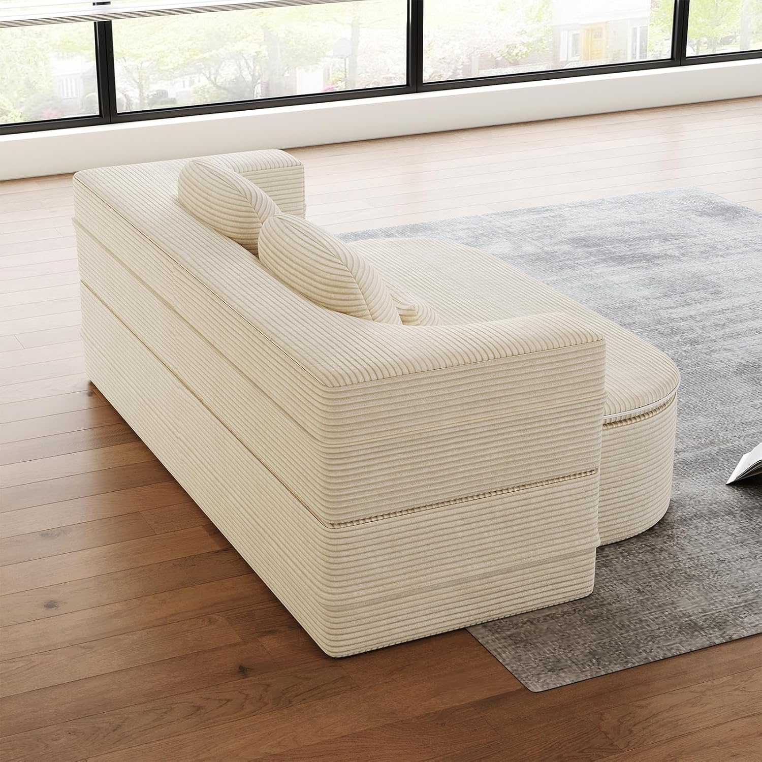 Antetek Convertible Sleeper Sofa, Modern Folding Futon Corduroy Floor Foam Compression Loveseat Sofa Bed Couch, Foldable Full Size Guest Bed with 4 Pillows for Living Room Bedroom Apartment, Beige