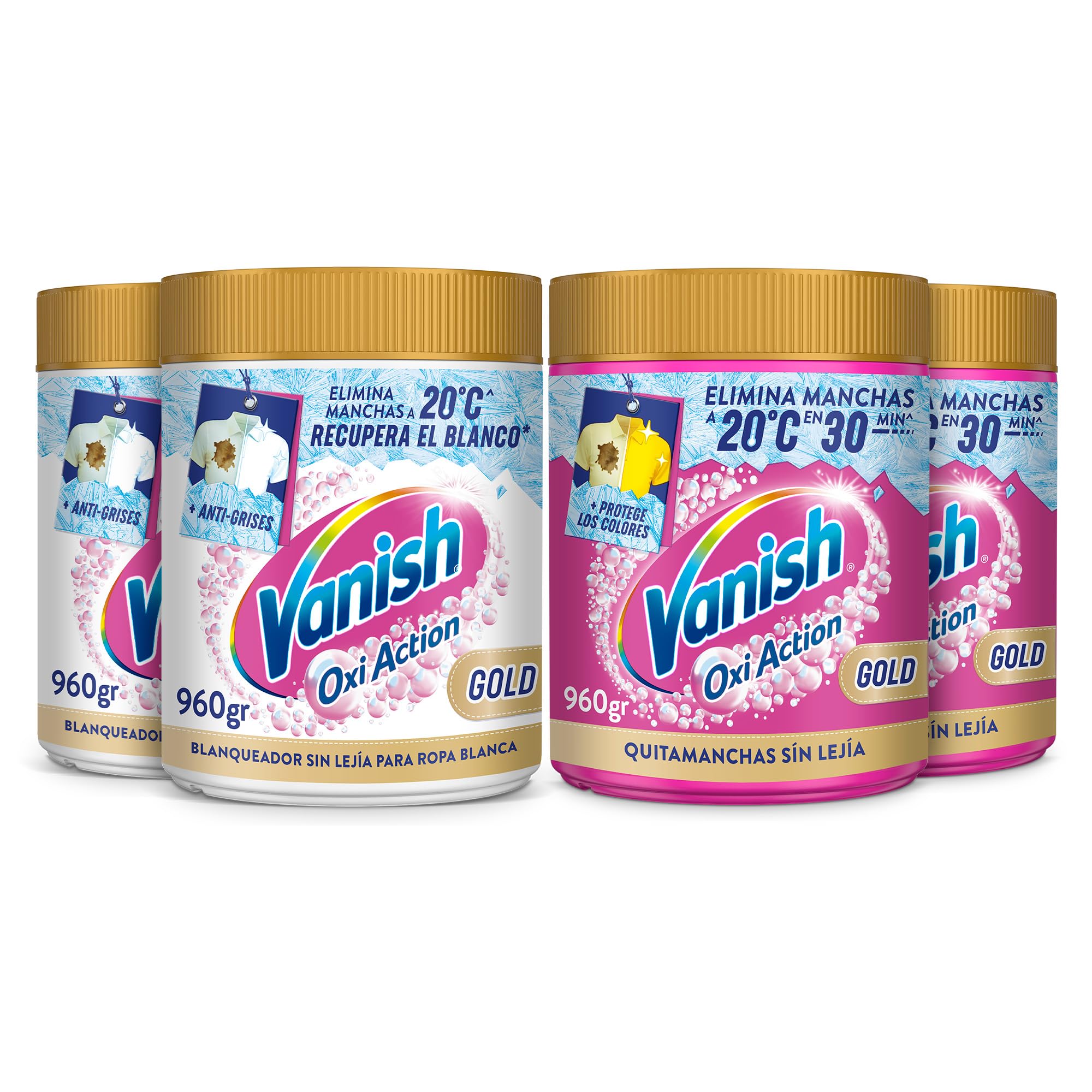 Vanish Oxi Action Multipoder - Quitamanchas multibeneficio para la ropa, elimina olores y potenciador del lavado, En Polvo, Sin Lejía, Pack Mixto 4 x 960gr (3,84kg)