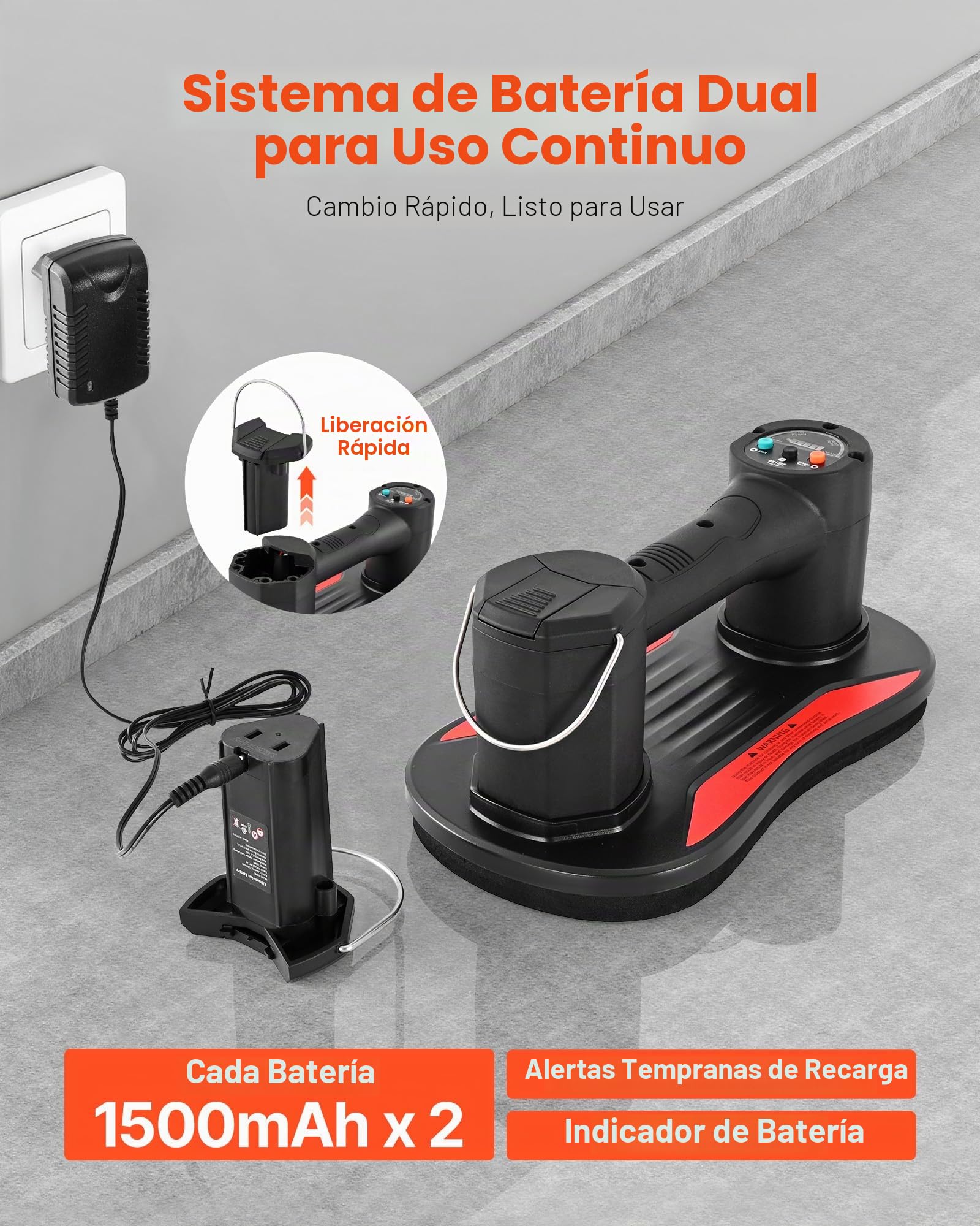 VEVOR Ventosa Eléctrica de Vacío 1 Pieza Capacidad de Carga Máx. 170 kg, Ventosa de Elevación con Pantalla Digital Mango ABS, 2 Baterías de 1500 mAh, Elevador de Succión para Cristal Granito Azulejos
