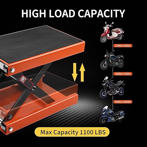 Miniatura 3 de Gato de tijera de acero para motocicleta, 1100 libras, soporte de elevación de plataforma ancha, mantenimiento de bicicletas, cuatrimotos, centro de