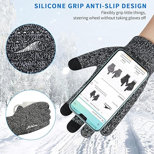 Miniatura 3 de Achiou - Guantes de invierno, guantes para hombres y mujeres, guantes de correr cálidos para pantalla táctil mejorados con forro térmico de punto