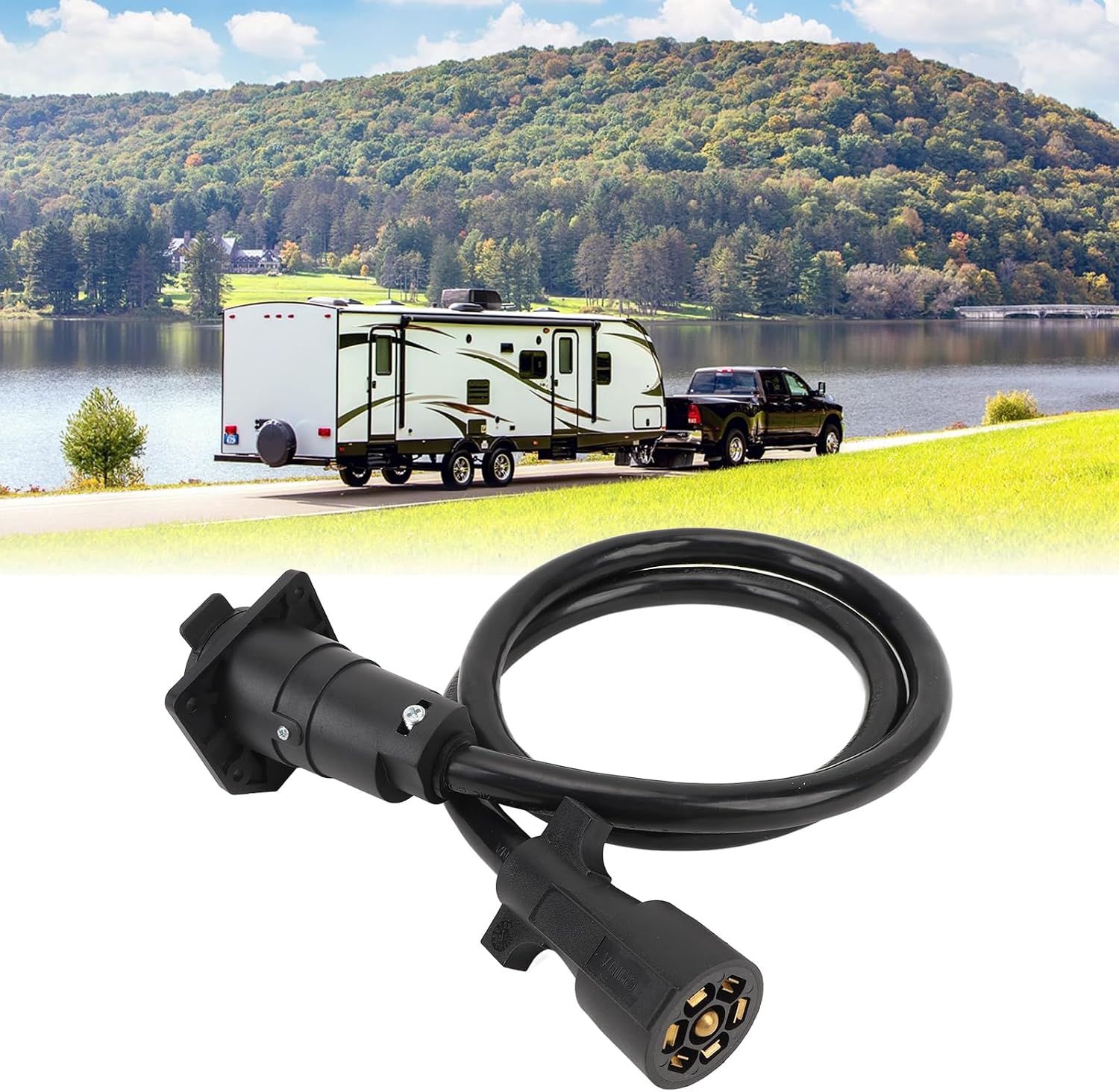 3ft 7 Way Trailer Plug Wiring Harness, 7 Pin Trailer Cord Extension Wire, Weatherproof 7 Prong Trailer Tow Wiring Connector with Solid Copper Core for RV Car Boat