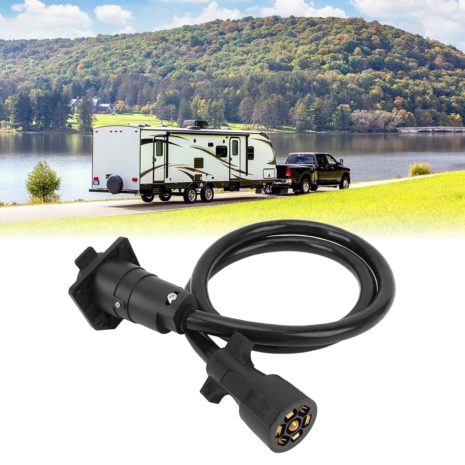 7 Way Trailer Plug Wiring Harness, 3FT Weatherproof 7 Core Trailer Plug Extension Cord for RV Car Boat, Wired with Trailer Light Cord Wiring Connector, Suitable for Trailer, RV,