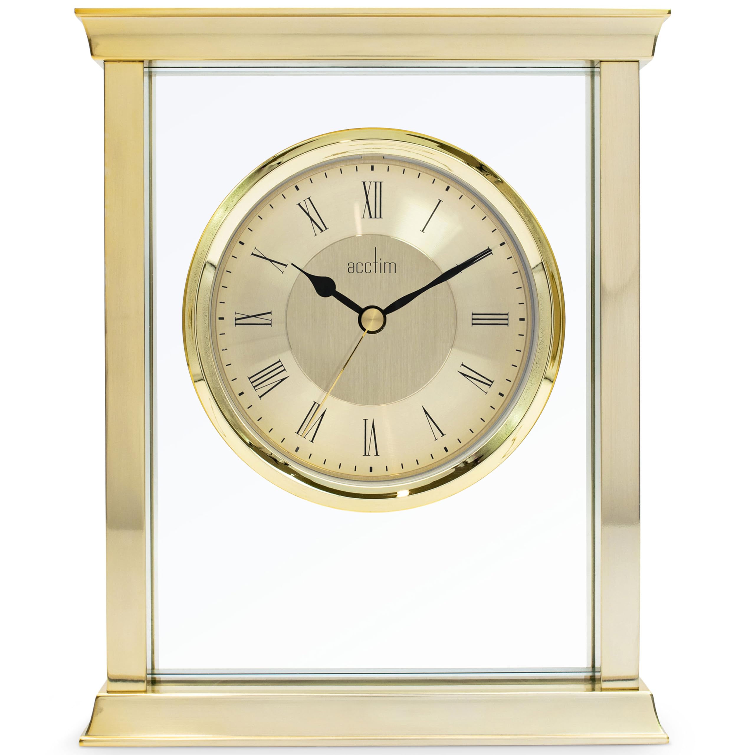 Acctim Halton gold mantel clock with glass panels and Roman numerals, quartz battery mantelpiece clock for living room or fireplace, classic carriage style