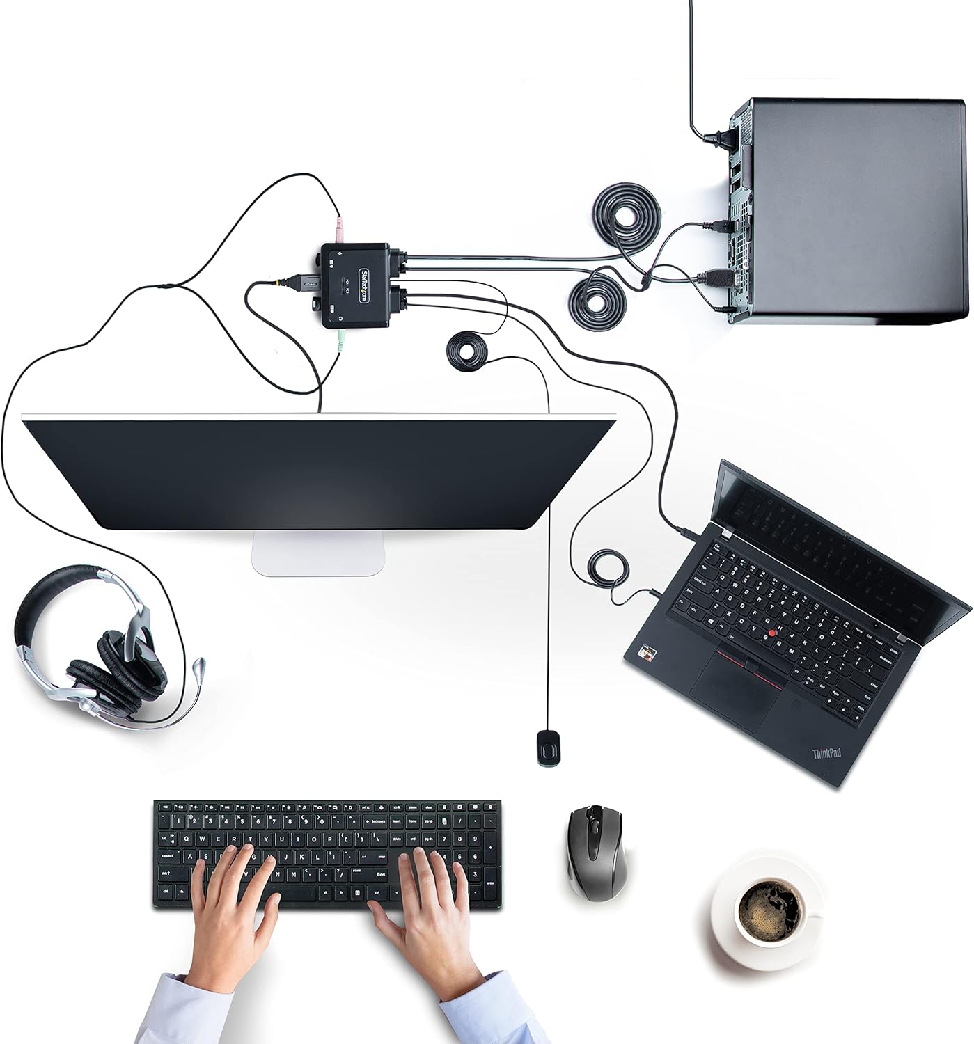 StarTech.com 2-Port Hybrid USB-C HDMI Cable KVM Switch, 4K 60Hz, Compact KVM with 6ft/1.8m USB-A/HDMI/Audio & 4ft/1.2m USB-C Integrated Cables, Bus Powered, Hotkey Switching (C2-H46-UAC-CBL-KVM)