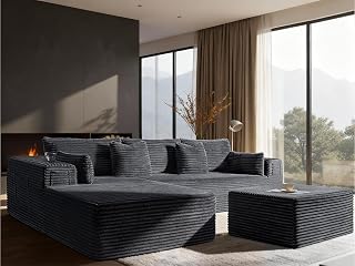 108" Oversized Cloud Sectional Couch, Comfort U Shaped Boneless Couch for Living Room, Extra Deep Seats No Assembly, Modular Sofa, Corduroy (Dark Grey, 2 Seater + Left Facing Chaise + Ottoman) - Amazon product rated Grade A