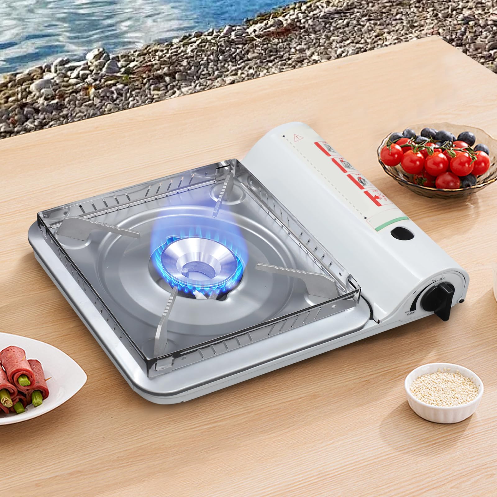 Hornillo de camping portátil con cartucho de gas, cocina de gas butano compacta de aluminio, 1 fuego, estufa de gas Stove con control de llama, pies antideslizantes y asa de transporte (blanco)