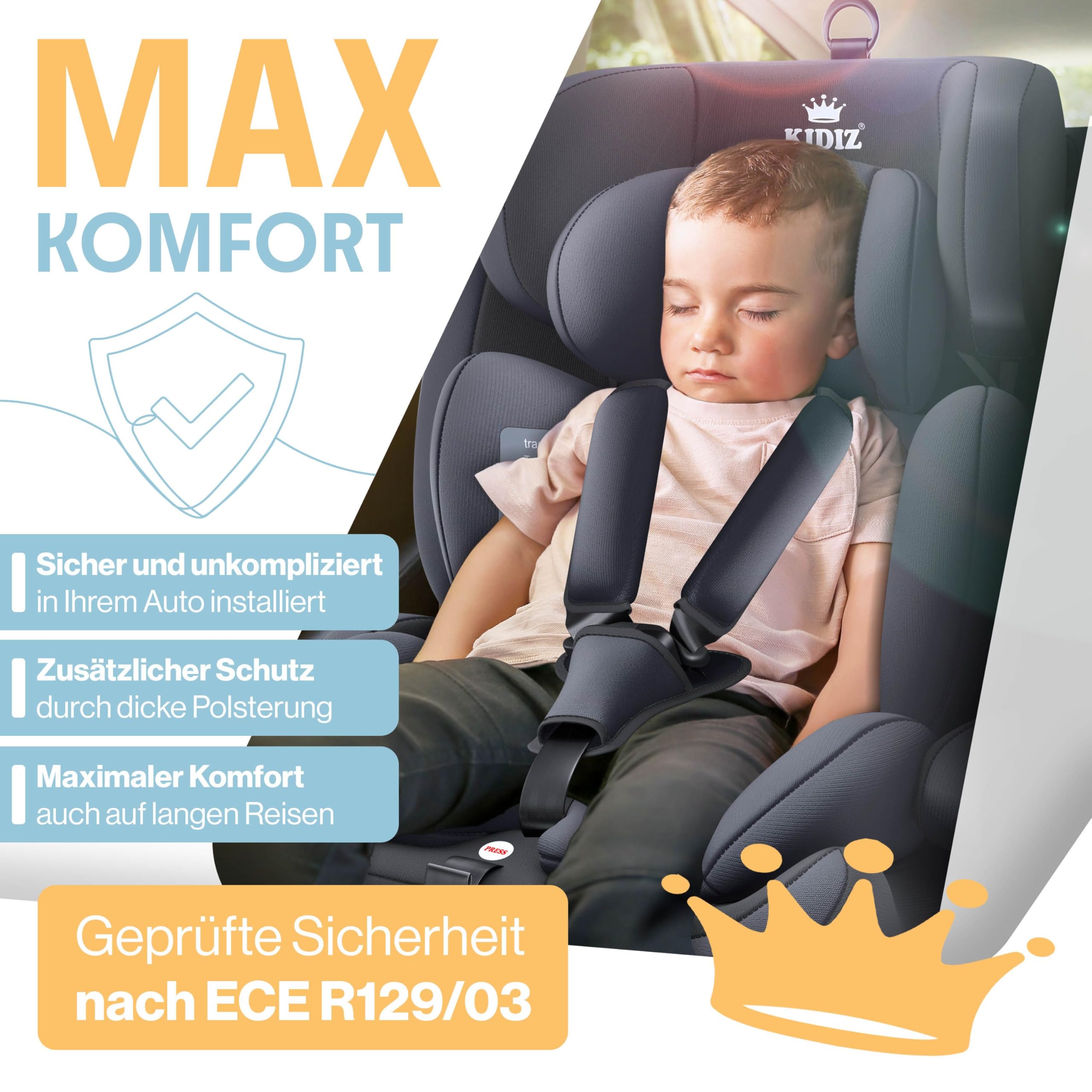 KIDIZ® Autokindersitz mit Isofix i-Size R129 100-150cm Gruppe 1/2/3, 5-Punkt-Gurt, höhenverstellbare Kopfstütze, Anthrazit