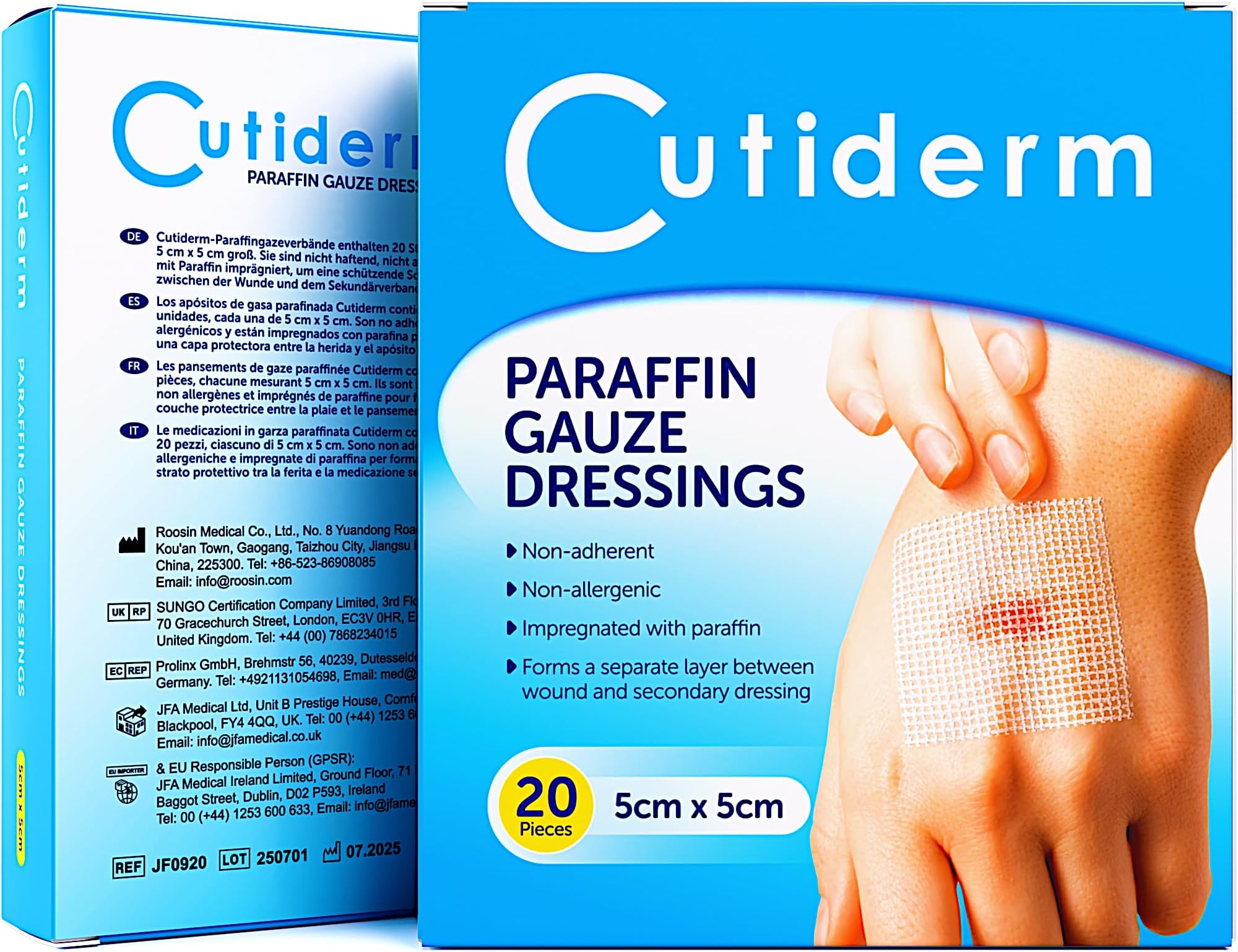 Pack of 20 Cutiderm Sterile Paraffin Gauze Dressing 5cm x 5cm - Suitable for Superficial and Partial Thickness Burns, Skin Loss Wounds, abrasions and Traumatic Injuries