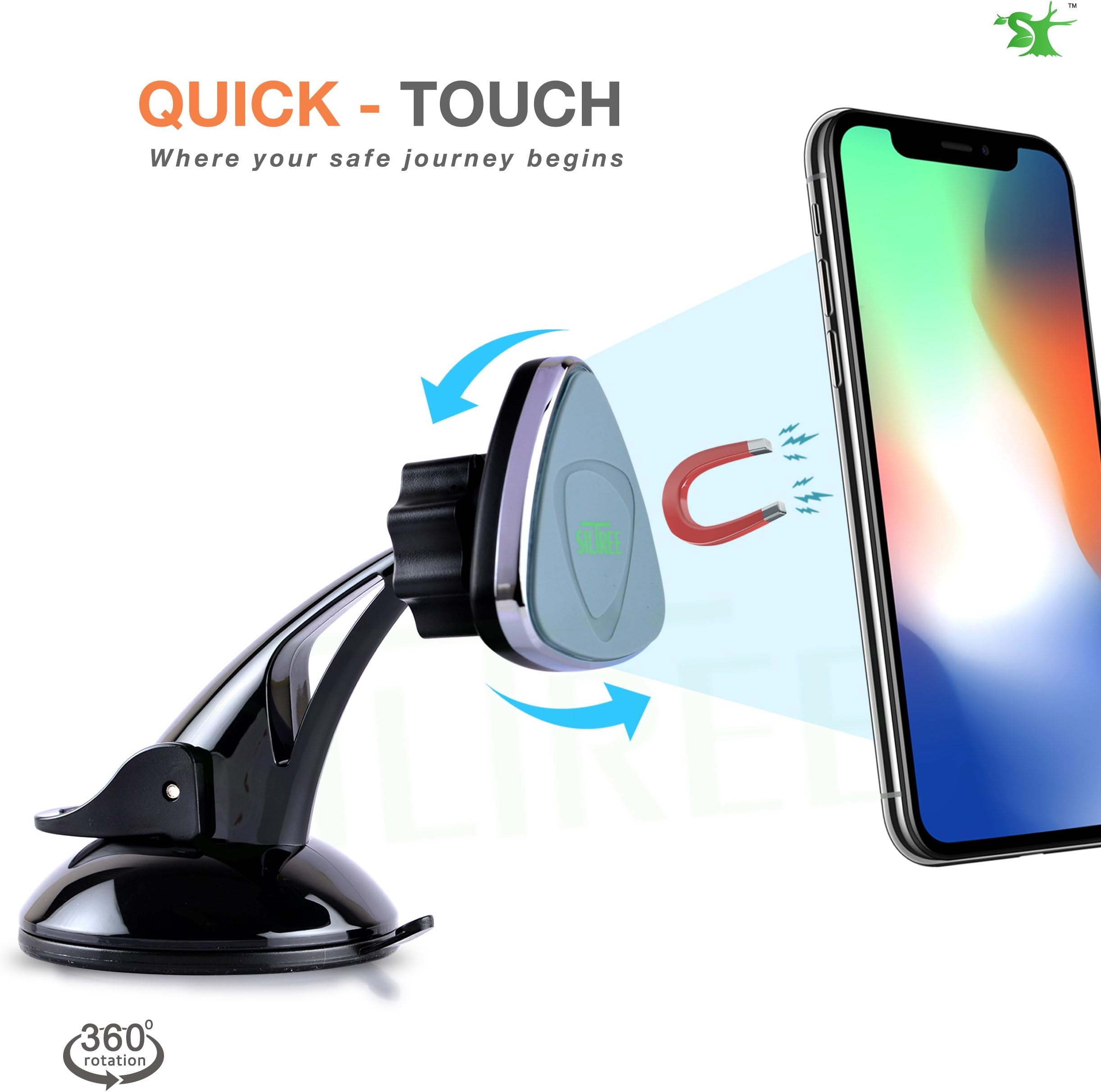 SILTREE 360 Degree Rotation Car Magnetic Mobile Holder, Scratch Resistant Car Mobile Stand CMH01, Black and Grey (Quick-Touch)