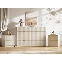 MAISONARIA 3-Piece Dresser Bedroom Set, 8 Drawer Dresser & 2 Drawer Nightstands with Gold Handles, Fluted Wood Chest of Drawers for Bedroom, Living Room, Entryway, Beige