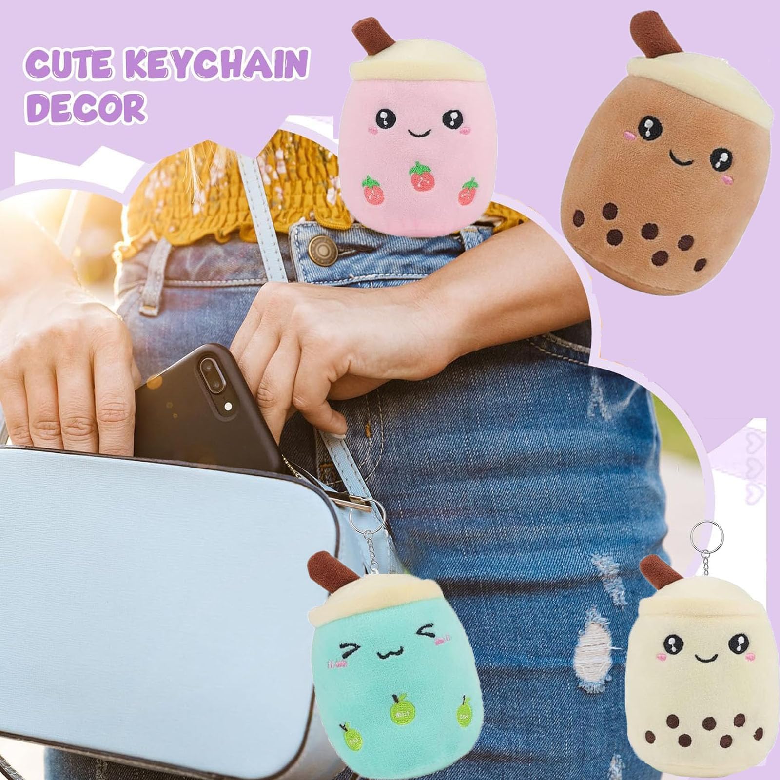 ANBOOR 4er Set Bubble Tea Plüschtiere Mit Schlüsselanhänger – Kleine Kuschelige Tierchen, Ca. 6 Cm