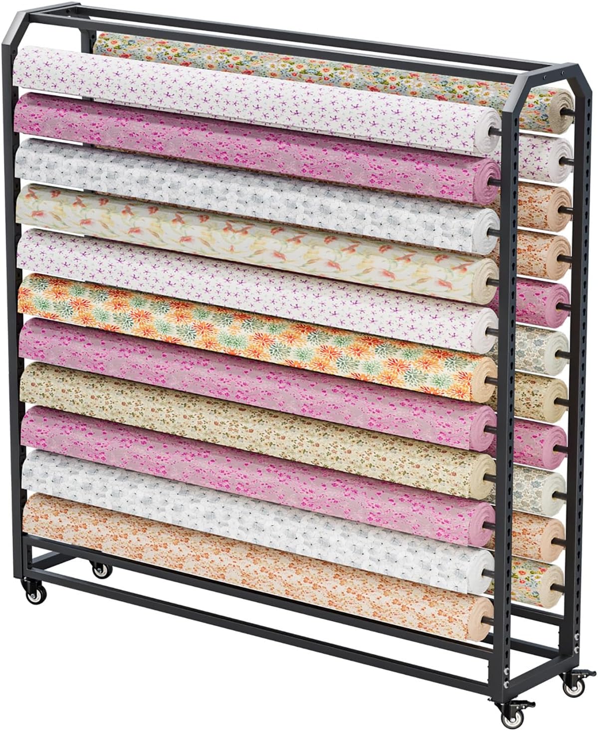 Large Adjustable Fabric Display Rack, 14 Rods Rolling Shelf for Textiles & Vinyl Spools, 175cm Height, Easy-Move with Brake Wheels, Ideal for Car Wraps & Craft Storage
