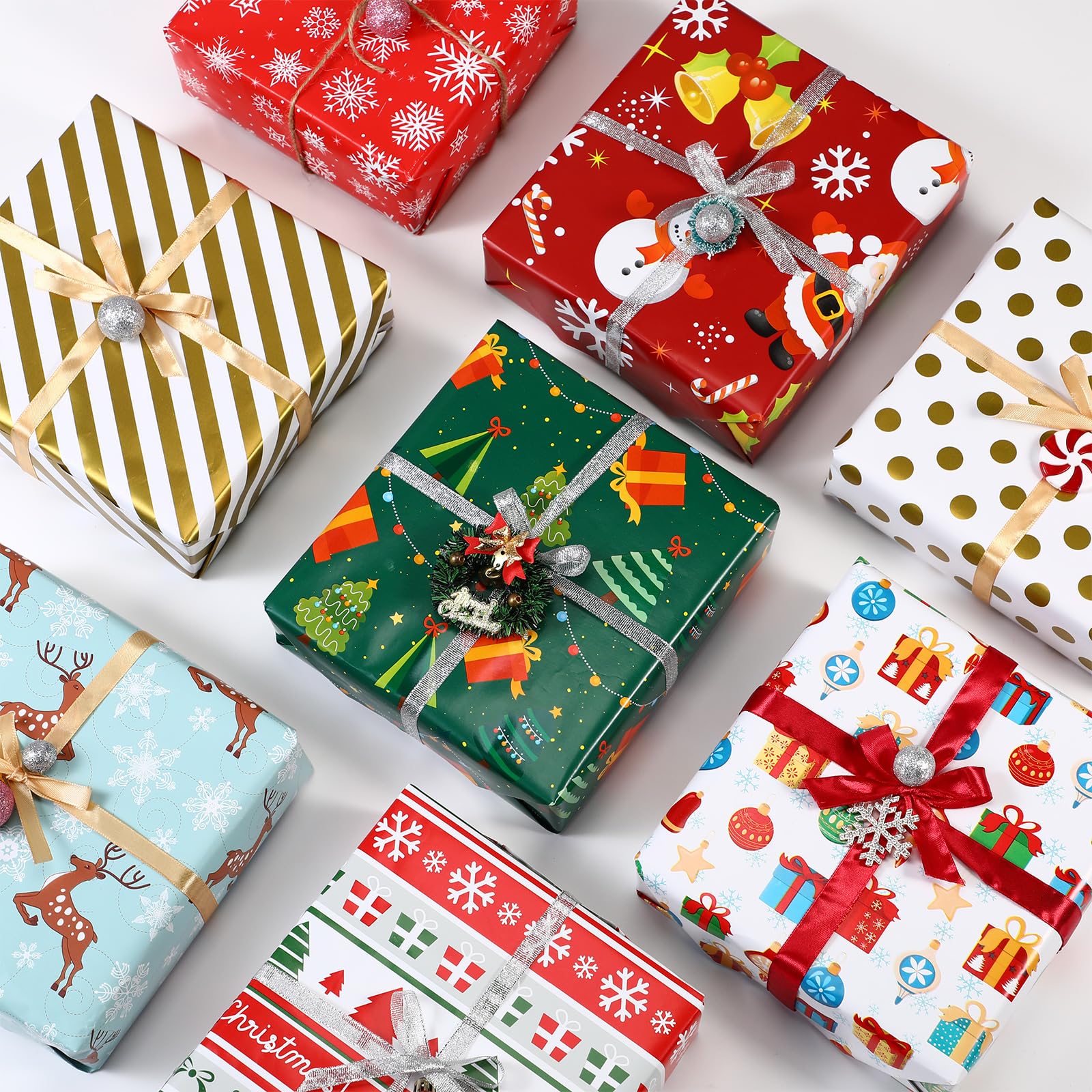 Tatuo 8 Rollen Weihnachts-Geschenkpapier, Weihnachtsmann, Geschenk, Schneeflocken, Baum, Streifen, Rentier, Goldstreifen und Punkte, Design Geschenkpapier für Weihnachtsferien – 27,6 x 78,7 Zoll (6,5