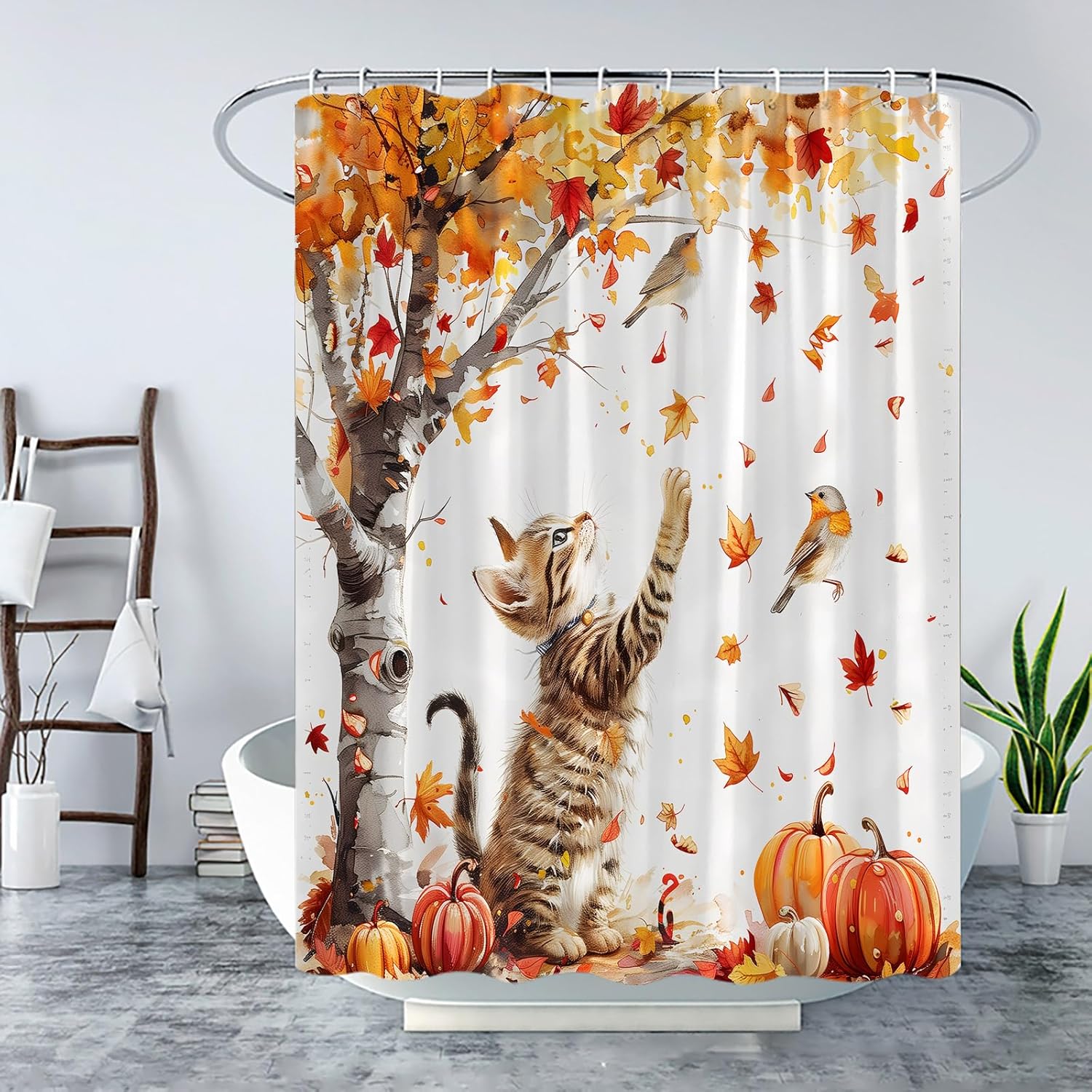 Fall Funny Cat Shower Curtain Autumn Thanksgiving Harvest Maple Tree Falling Leaf Pumpkin Cute Bird Animal Cartoon Decor Bathroom Curtain Set with Hook