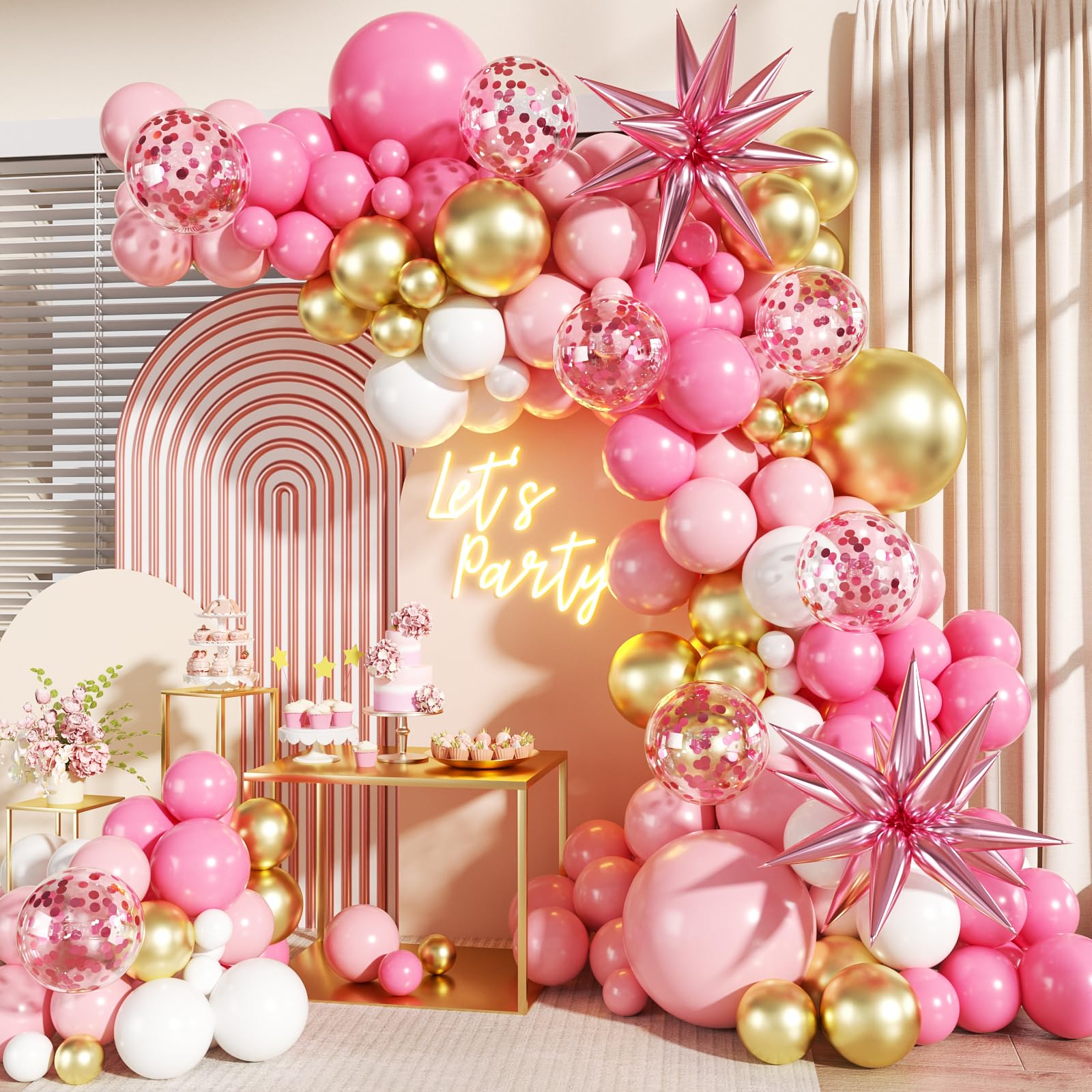 Photo 1 of Pink White Gold Balloon Garland Arch Kit, 140Pcs Hot Pastel Pink Gold White Confetti Balloons With Stars for Birthday Wedding Birdal Shower Gender Reveal Graduation Party Decorations