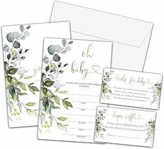 Greenery Oh Baby Invitations Set, Gold Foil Baby Shower Invitations with Envelopes, Eucalyptus Diaper Raffle Tickets and Book Request Cards, Greenery Gender Reveal Party Supplies Decorations -07