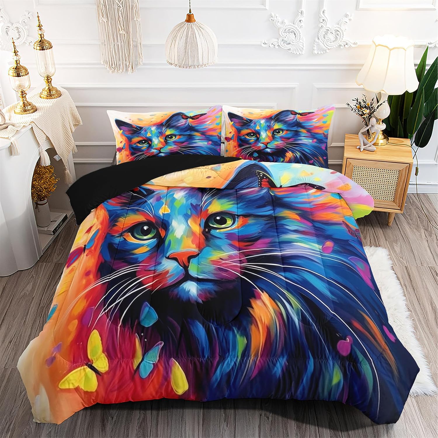 Kids Bedding Cat Comforter Set Queen Size, Cute Black Cat Bedding Set for Kids Teens Girls Boys Adults Room Decor, Kitten Cats Print Kids Comforter Set All Season,1 Comforter 2 Pillowcases
