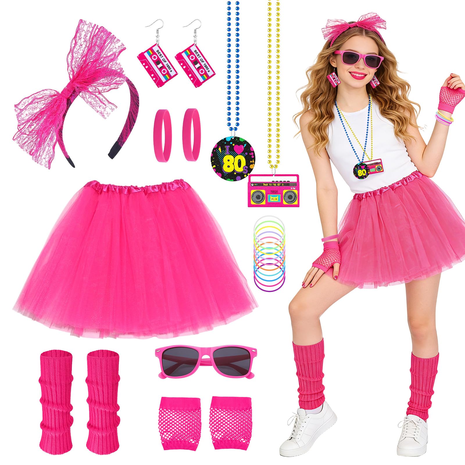 UxClishe 80s Costume for Women, Neon 80s Fancy Dress for Women Outfit Set with Puffy skirt Fishnet sleeves Headband Leg warmers Bracelet Earrings Sunglasses Necklace for 1980s Theme Party