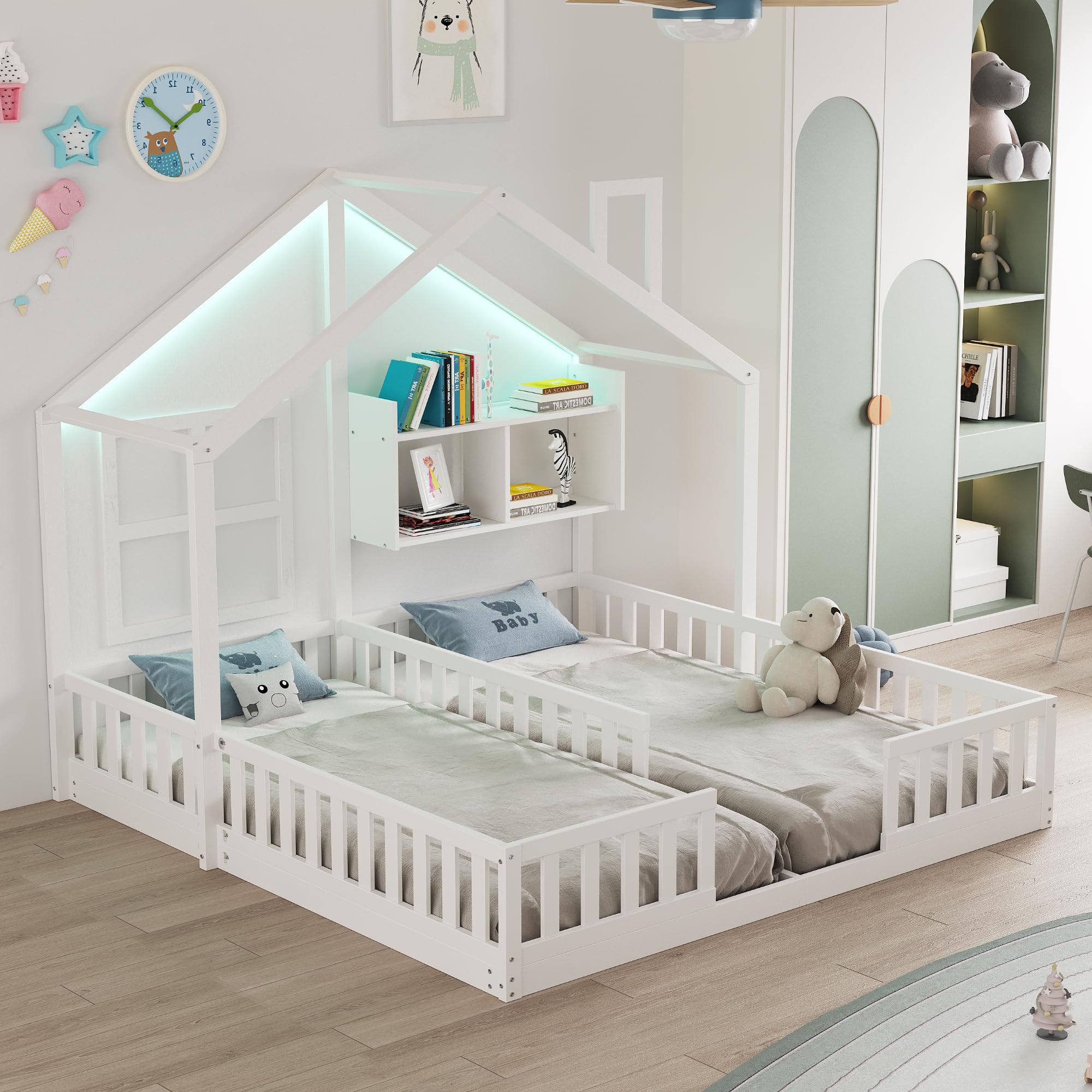 Lettino per Bambini 90×200 cm, Letto Matrimoniale Indipendente in Stile Casa, Funzione Atmosferica, Recinzione di Sicurezza e Superfici di Appoggio, Legno + MDF, Completo di Rete a Doghe per