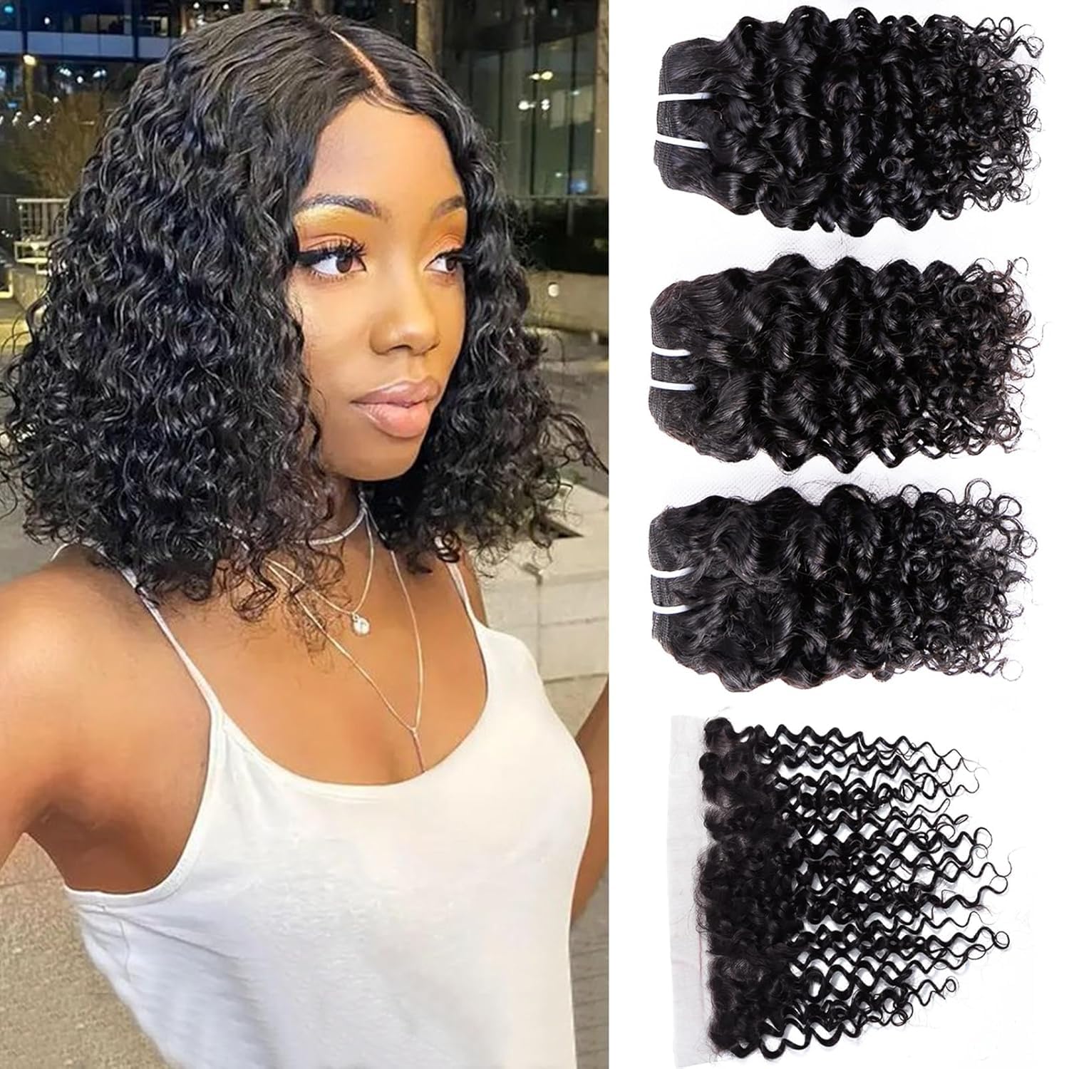 Deep Water Curly Wave Human Hair Bundles with Frontal(10 10 10+10) Wet and Wavy 3 Bundles and 13x4 Frontal Unprocessed Brazilian Short Bob Hair 50g/bundle Natural Black