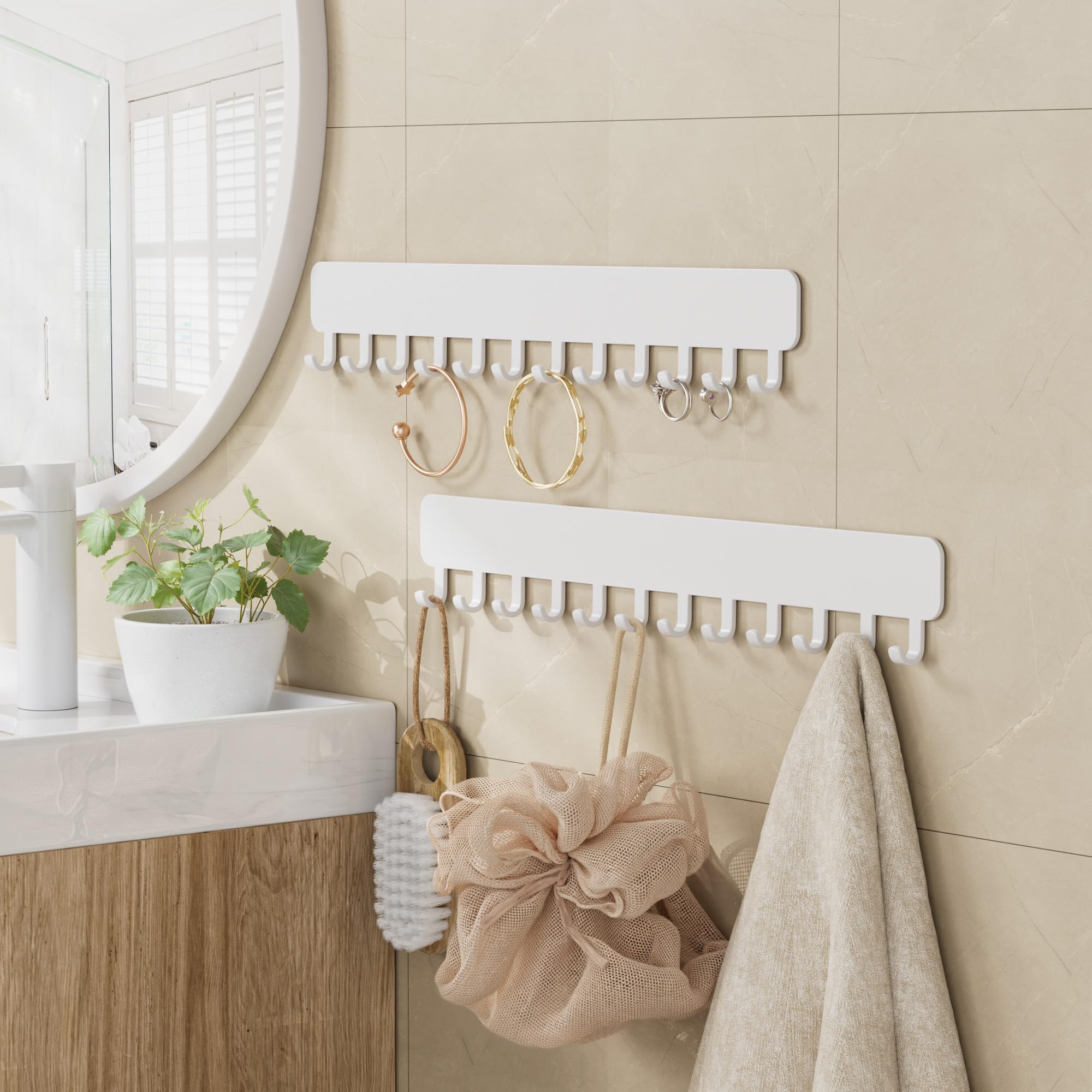 Josmimic Organizador de joyas para colgar en la pared, autoadhesivo, con ganchos para collares, pulseras, pendientes, solución de exhibición y almacenamiento para mujeres, 2 unidades, color blanco — view 6