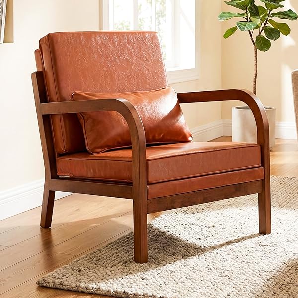 Leather Mid Century Modern Accent Chair with Wood Frame Comfy Upholstered Armchair w/Arms Wide Seat Lumbar Pillow & Soft Cushion Lounge Reading Chair for Living Room Bedroom Office