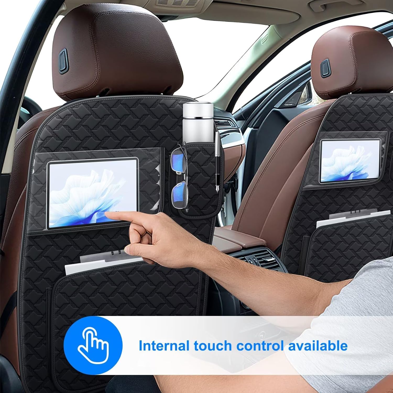 Back Seat Protector 2 Pack Fit For Honda CR-V Car Kick Mats with Touch Screen Tablet Holder Storage Organizer Waterproof Dirt Proof Faux Leather Auto Accessories for Kids (1 Pair Black)