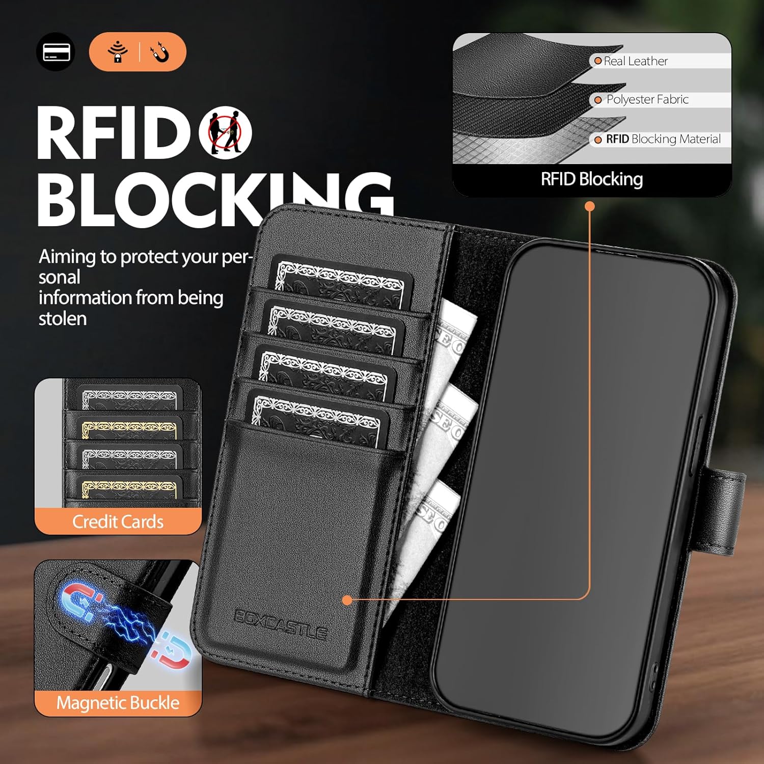 Compatible with iPhone 17 Pro Max Genuine Leather Case Wallet with Card Holder,Women Men Real Leather Flip Folio RFID Blocking Credit Card Slots Stand Phone Cover,for Apple 17 ProMax,Black
