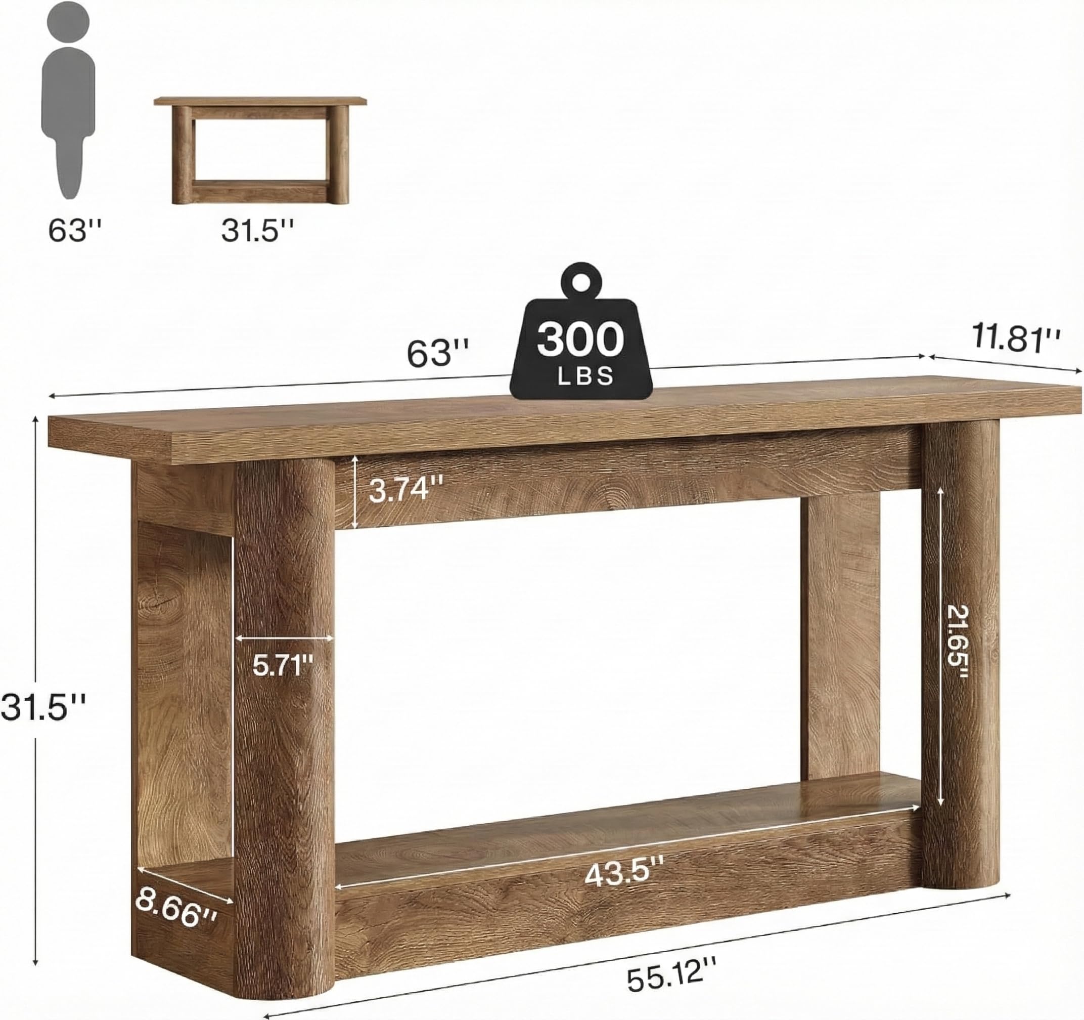 Lailang 160cm Konsola do przedpokoju w Stylu Farmhouse, Prostokątny Stół Konsolowy, Stolik sofa z 2 poziomami, Drewniana Konsola do korytarza, Wąski Stolik wejściowy, 160 x 40 x 76 cm, Brązowy