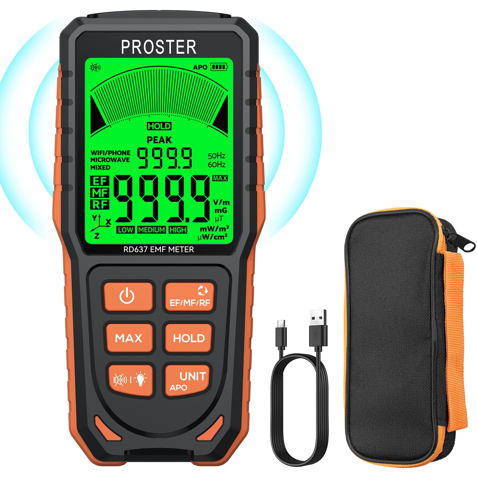Proster Medidor EMF Recargable, Detector de Radiación de Campo Electromagnético 3 en 1 con Pantalla de Visualización de 3 Colores y Alerta de Sonido para EF RF MF X/Y/Z de 3 Ejes