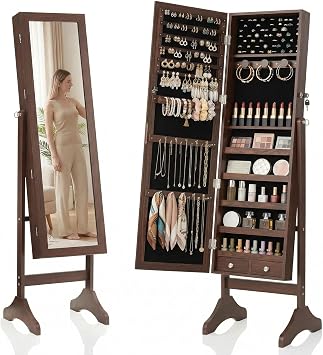 FansaFurn Freestanding Jewelry Armoire Full Length Mirror, Lockable Large-Capacity Storage with Velvet Lining, 3 Angles, 2 Locks, 5 Shelves & Accessory Pouch Brown