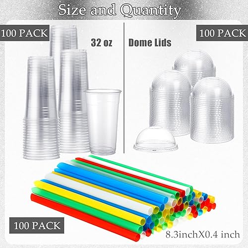 Miniatura 2 de Lallisa 100 juegos de vasos de plástico transparente con tapas de cúpula y pajitas coloridas, vasos desechables de PET para batidos y slushies para