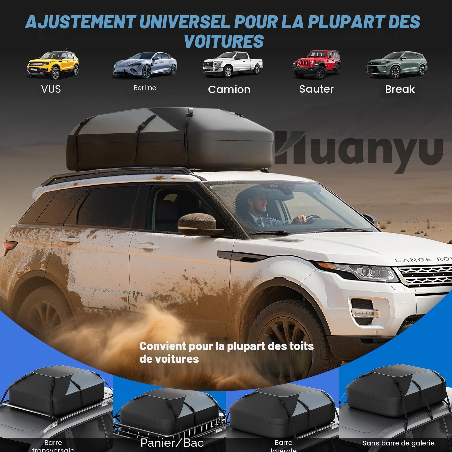 Huanyu Sac de Toit pour Voiture 20 Pieds cubes/550L Tente de Toit imperméable pour véhicules Tente de Toit pour véhicules avec ou sans Porte-Bagages Porte-Bagages de Toit