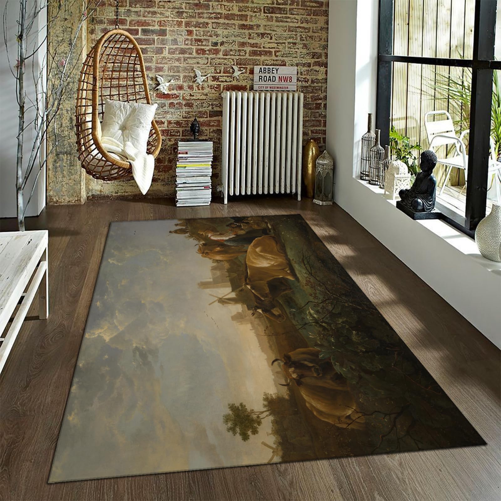 Alfombras de pueblo moderno para el paisaje de la sala de estar con vacas Alfombrilla antideslizante lavable a máquina para decoración de oficina en casa Alfombra ultrafina de área grande 100x150cm
