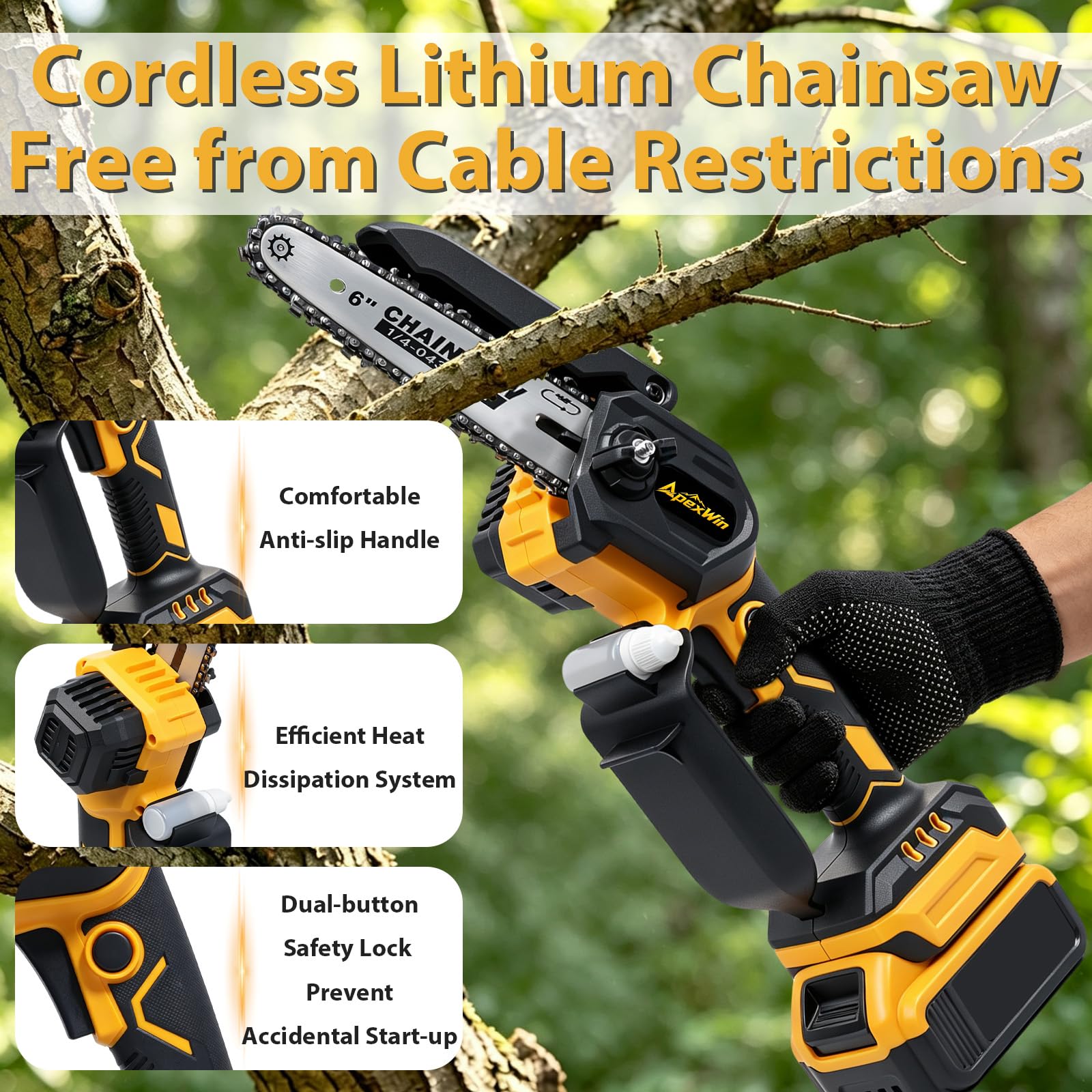 Compatible con mini motosierra inalámbrica Dewalt de 18 V, sin escobillas, tensión de cadena sin herramientas, engrasador automático, mini sierra de mano de seguridad para ramas de árboles, corte de