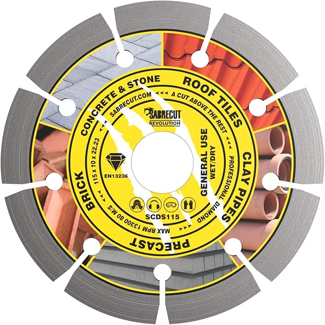 1 x SabreCut SCDS115 115mm (4.5") x 10mm x 22.23mm Bore Segmented Diamond Angle Grinder Circular Saw Blade Compatible with Bosch Dewalt Makita Milwaukee and Many Others