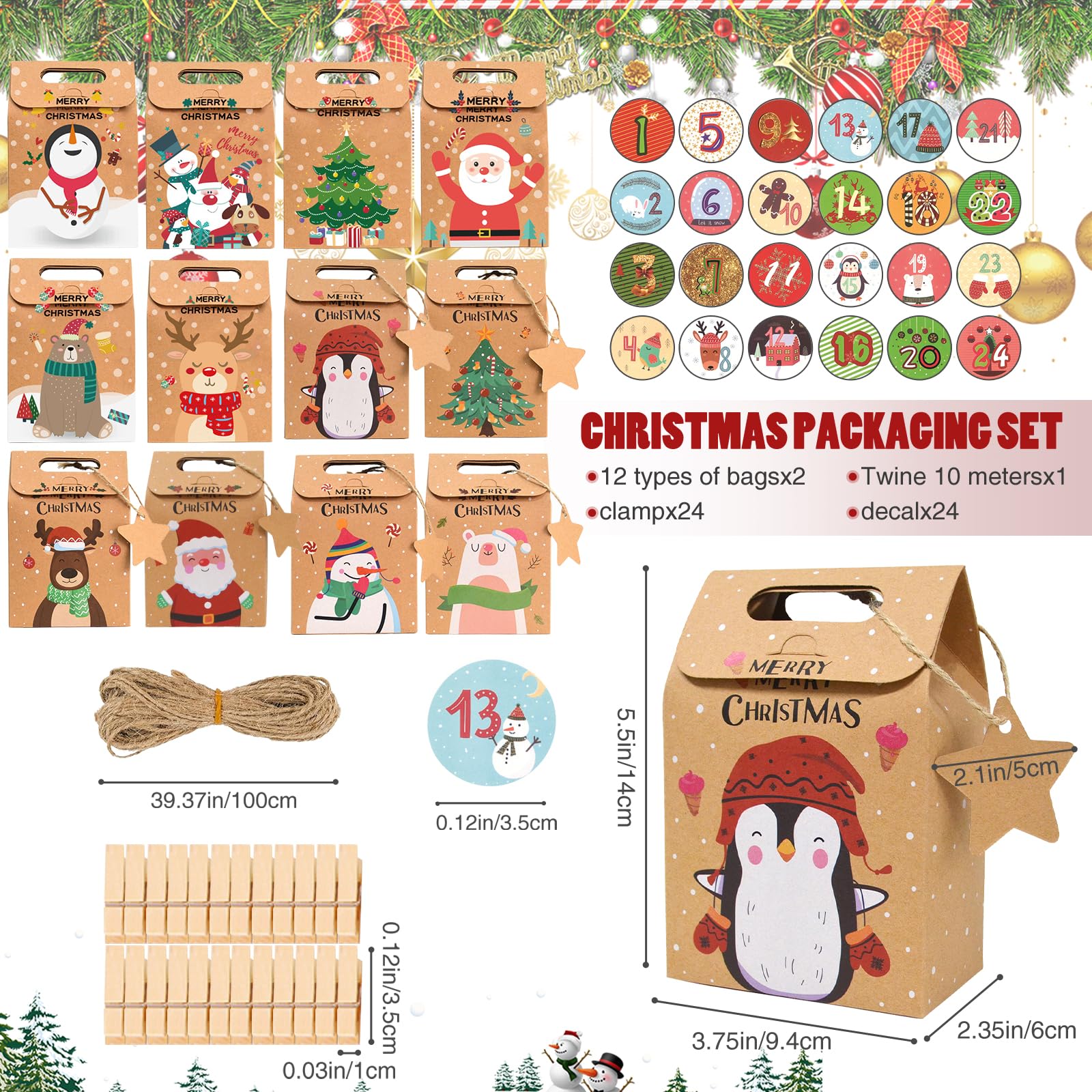 HAUSPROFI Calendario Dell'Avvento Da Riempire Natale, 24 Calendario Dellavvento Da Riempire Calendario Dellavvento Sacchetti Di Carta Kraft Per Fai Da Te E Riempire Adesivi Natalizi
