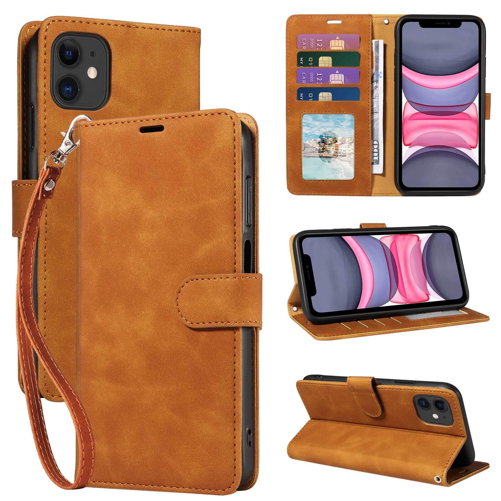 GOTOURED for iPhone 11 Phone Case Wallet, RFID Blocking 4 Card Slots, Wrist Strap, Kickstand, Magnetic Closure